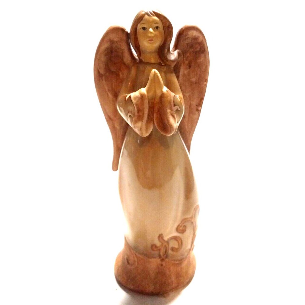 Angel Figurine Pottery Mixed Matte/Gloss Finish Praying Hands 7 Inches Tall Vtg.